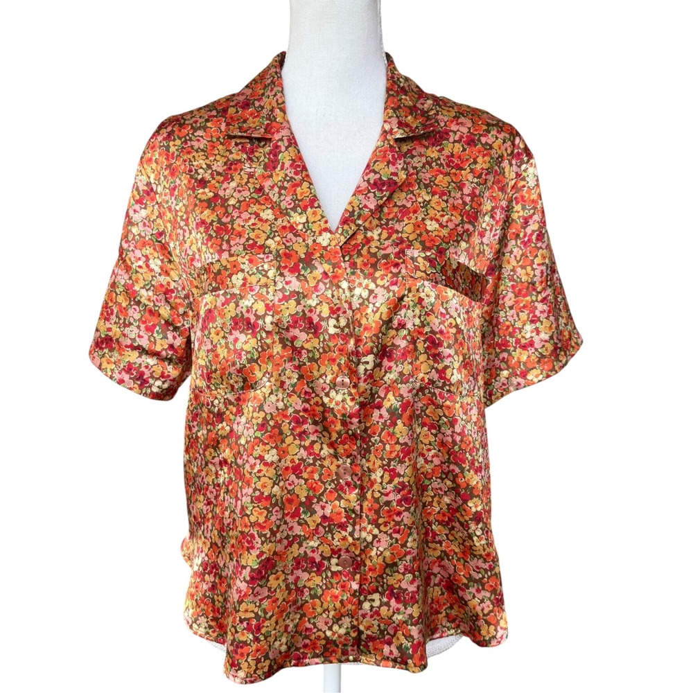 Victorias Secret Satin Floral Pajama Top Short Sleeve Button Down Orange Pink M